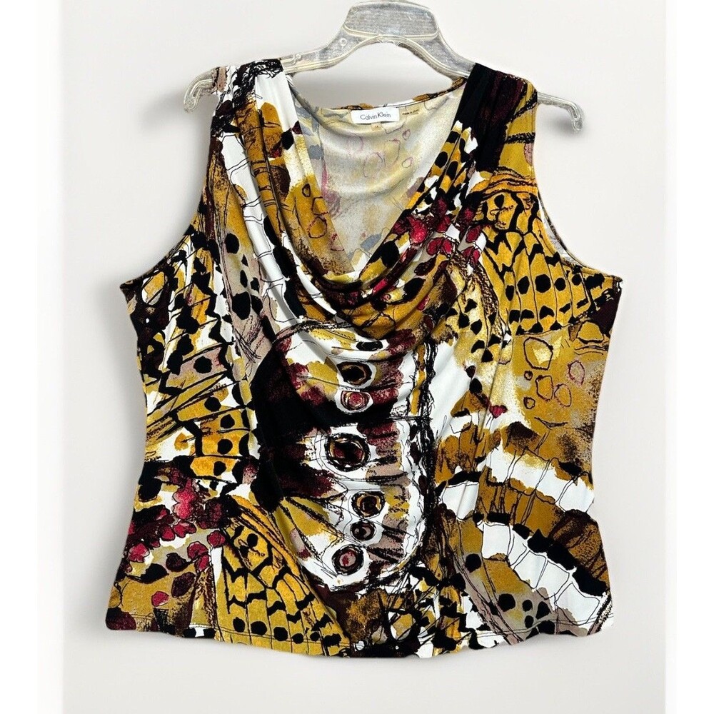 Calvin Klein Blouse Abstract Butterfly Sleeveless Top Sz 1X Cowl Neck